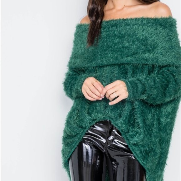 Sweaters - Women's Off Shoulder Fuzzy Green Sweater